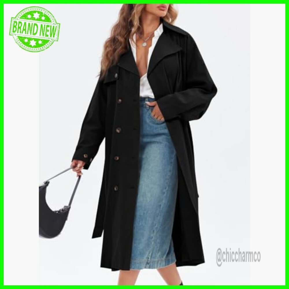 Oversized Long Trench Coat with Belt, Double Breasted Lapel, Water Resistant - Picture 4 of 7